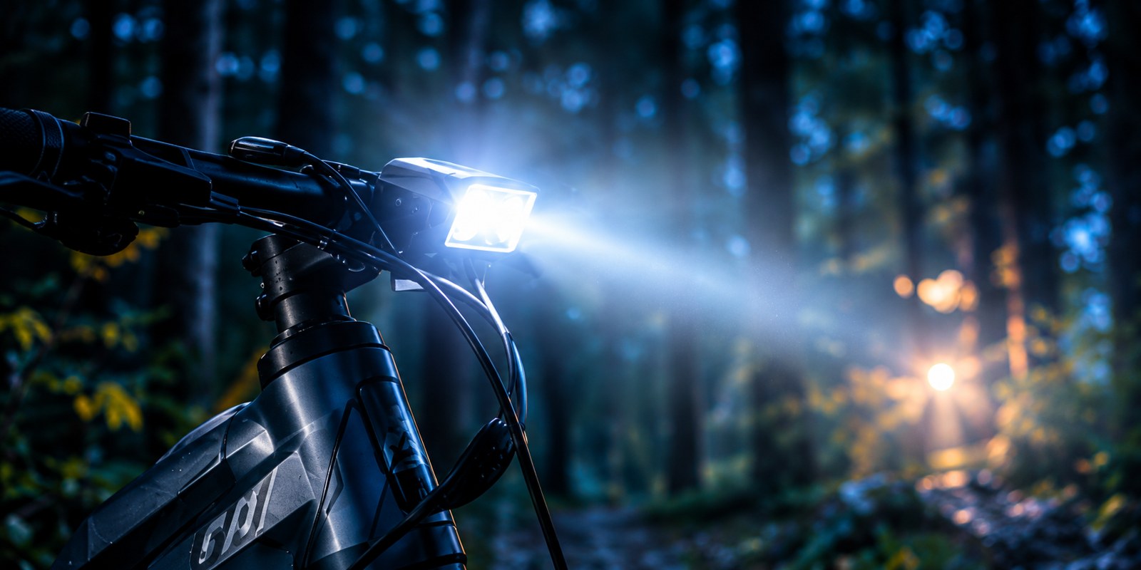 Powerful front e-bike light in a forest at night