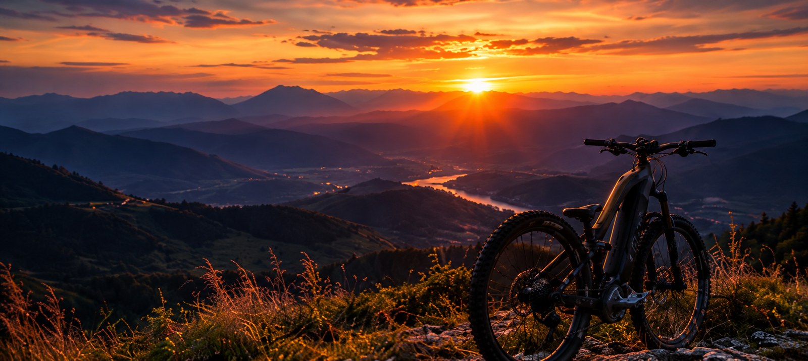 An e-bike in the mountains at sunset